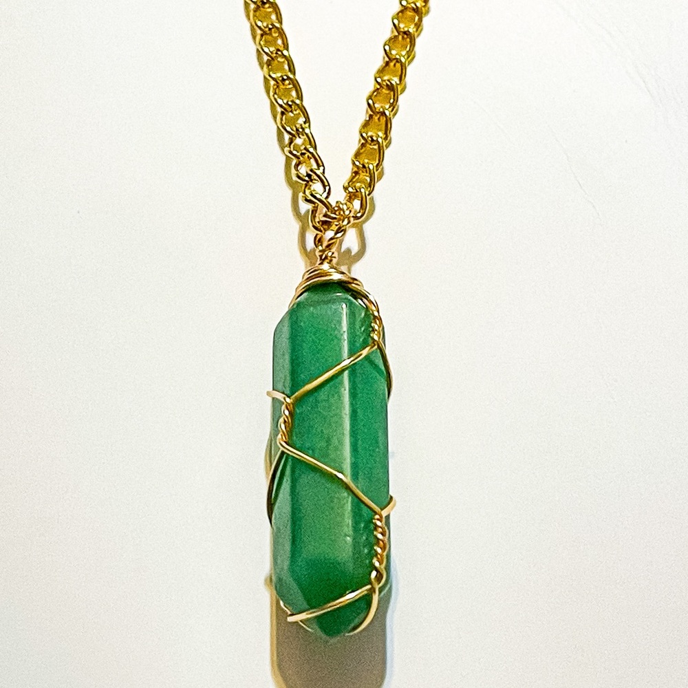 Wire Wrapped Green Jade Gemstone Necklace